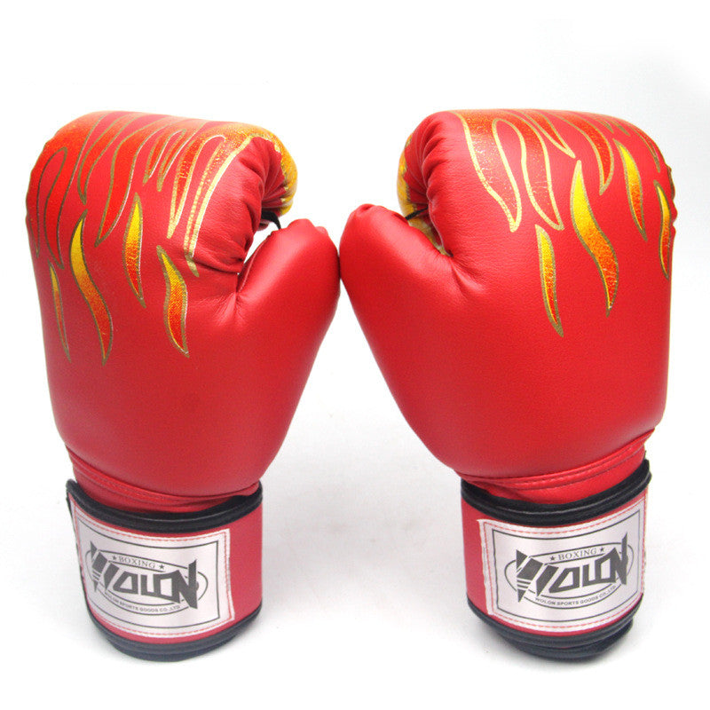 Thickened boxing gloves with red and gold flames design for training and fighting.
